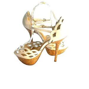 CHARLOTTE RUSSE Women White Weave Heels Cork Platform Stiletto Sandal 9 Faux Lea